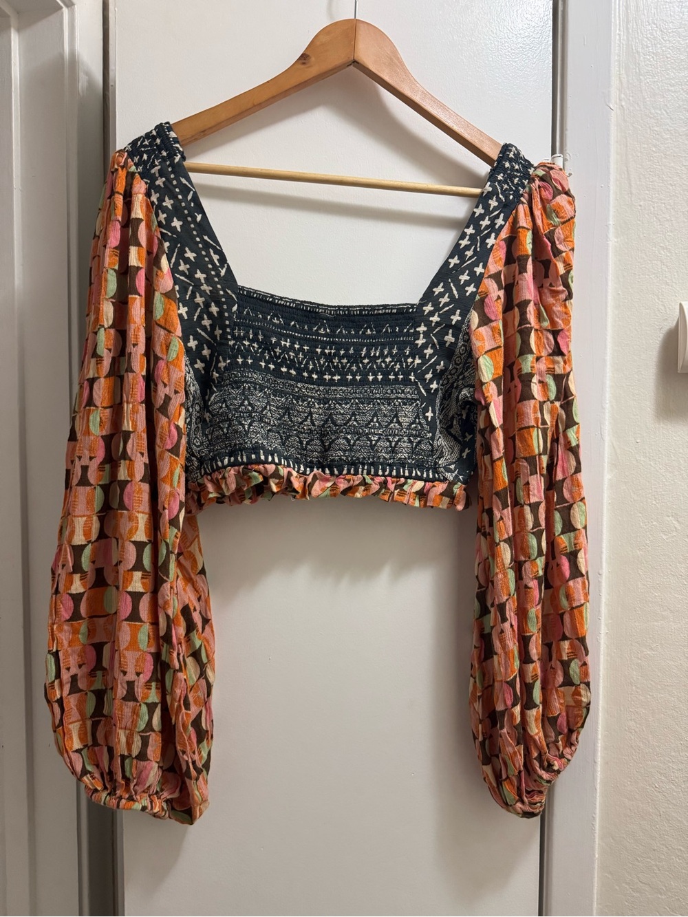 Free People Multicolor Mixed-Print Puff Sleeve Crop Top